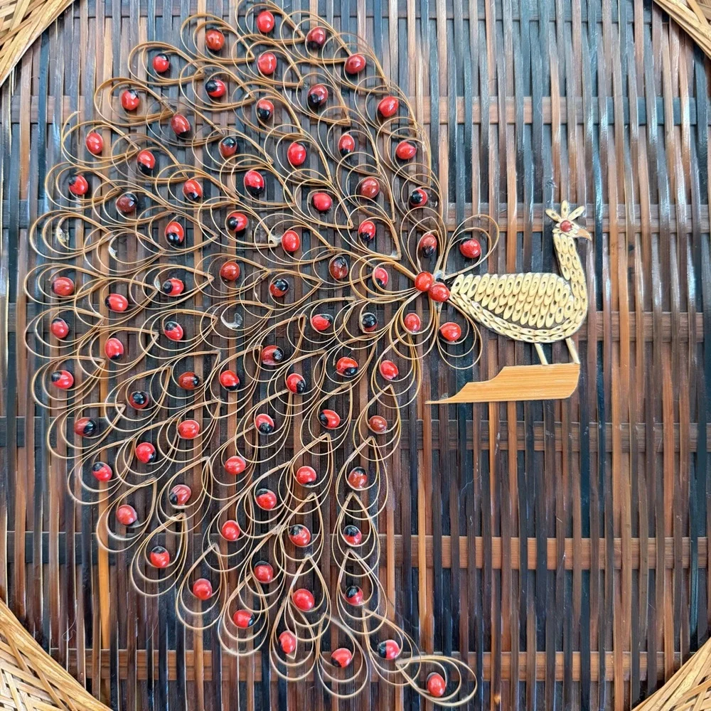 Vintage 70s Wicker Peacock Wall Hanging 14" - Boho Rattan & Cane Folk Art - Picture 3 of 9